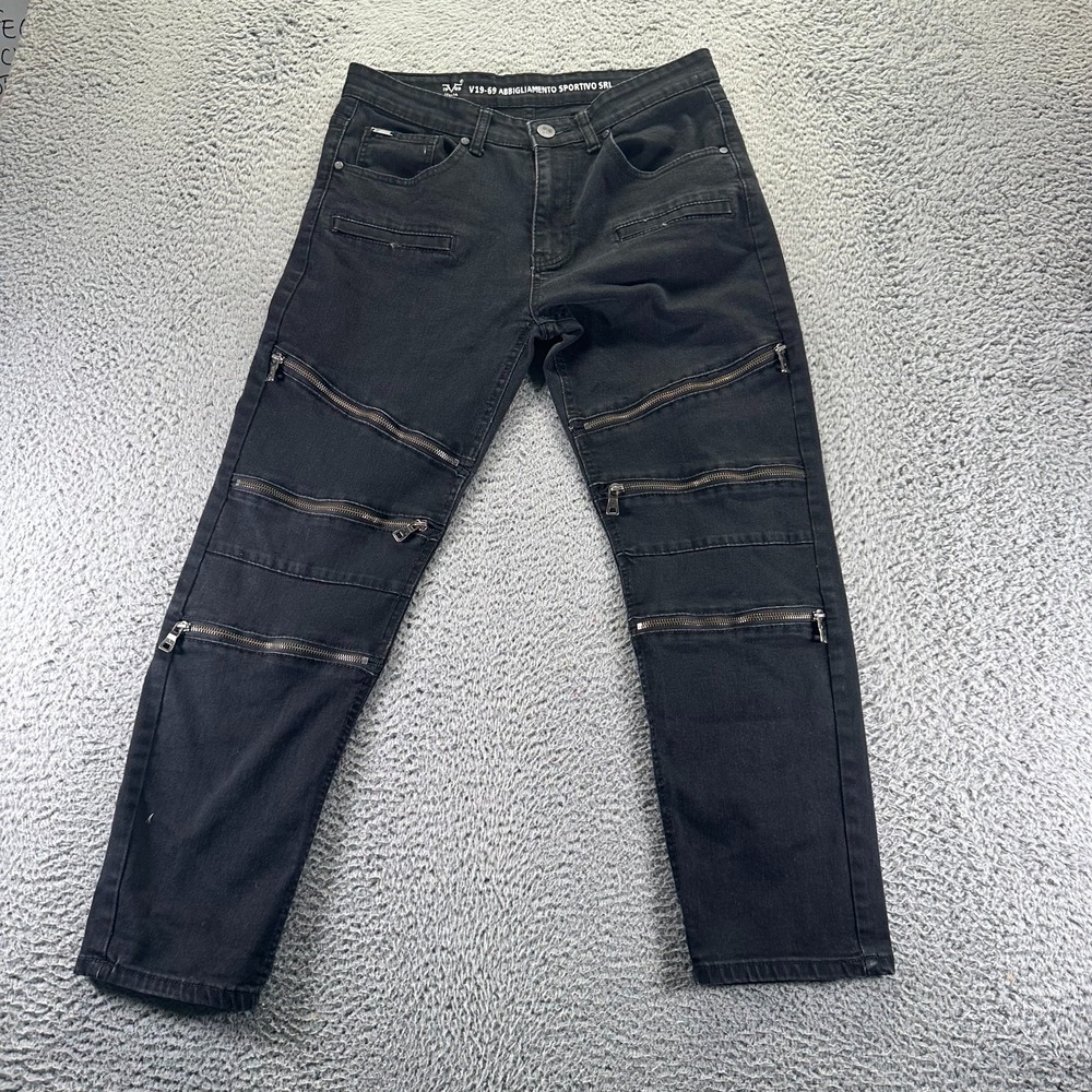 V19-69 italia Jeans Men 32x30 Black Zipper Denim Tapered Stretch Steampunk Biker